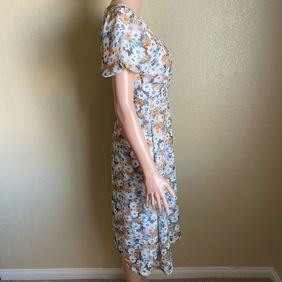 Mango Floral Puff Sleeve Side Tie MIDI Dress - Picture 4 of 9